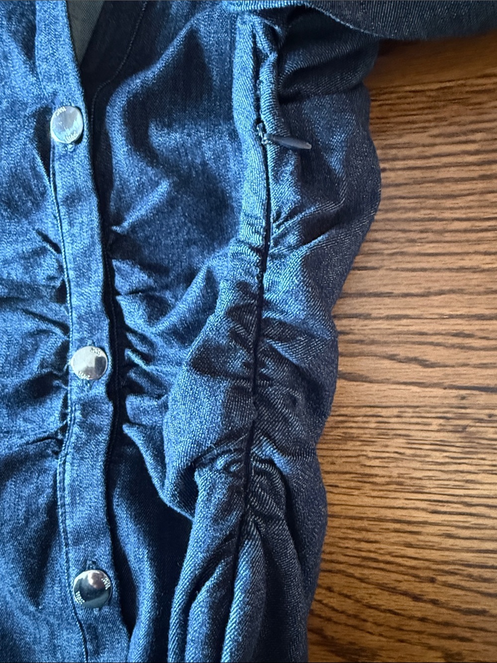 Zara Denim Maxi Dress Ruched Cinched Waist Snap Front Dolman Sleeve - Picture 6 of 11